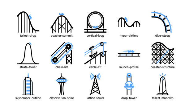 Roller coaster icons showing track elements and towers on white