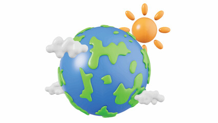 Naklejka premium A 3D illustration of the Earth with green landmasses and blue oceans, surrounded by white clouds and a bright orange sun on a plain white background.