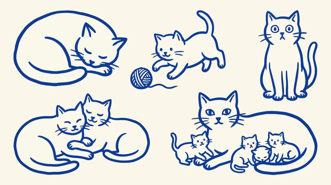 Whimsical Hand Drawn Naive Art Vector Illustration of Playful Felines with Colorful Abstract Patterns and Creative Folk Decorative Elements for Artistic Background and Childish Graphic Design