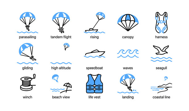 Parasailing icons showing canopies, boats and coastal scenes