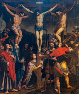 Painting (16th century) of Jesus Christ crucified on the cross represented with Mary, Mary Magdalene and Saint John.