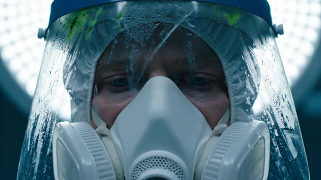 Close-up of a healthcare worker in protective suit with respirator mask and face shield looking at the camera