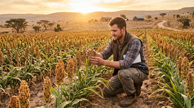 Young farmer inspecting sorghum crop in a field at sunset
