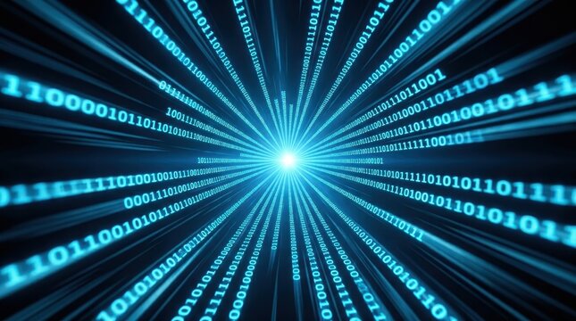 Abstract binary code data tunnel with glowing light source, digital technology background