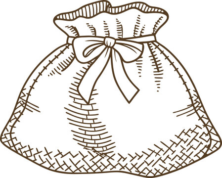 Drawn vintage sack with tied ribbon bow, rustic fabric bag for storage or gift packaging