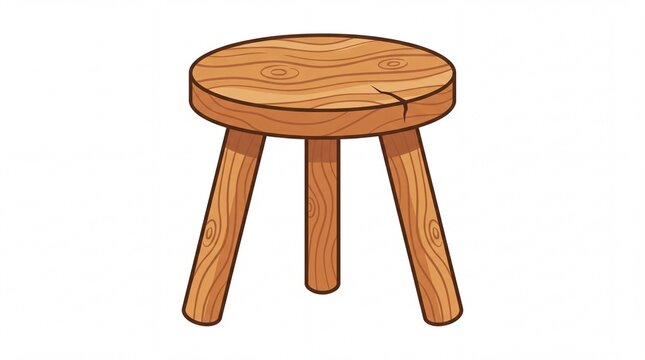 Simple rustic wooden stool with three sturdy legs and natural grain texture on white background