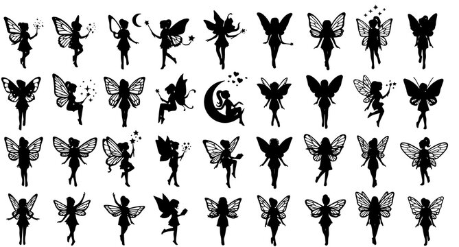 Fairy Silhouette Vector Set with Wings Hearts and Moon Fantasy Character Collection