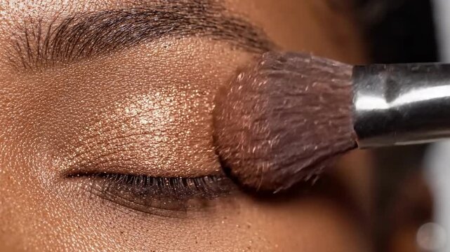 Close up of makeup brush applying shimmering bronze eyeshadow to closed eye