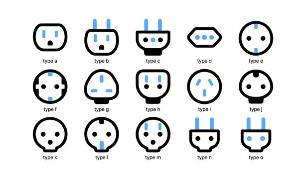 Electrical plug type icons arranged in grid showing global sockets