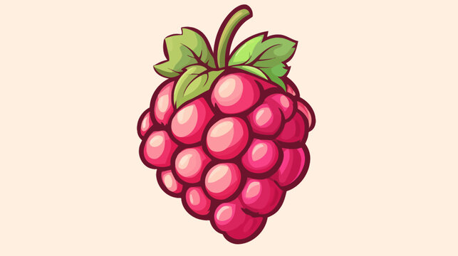 A vibrant cartoonish raspberry with glossy red fruits and a bright green stem on a peach background, featuring exaggerated rounded shapes and highlighted textures