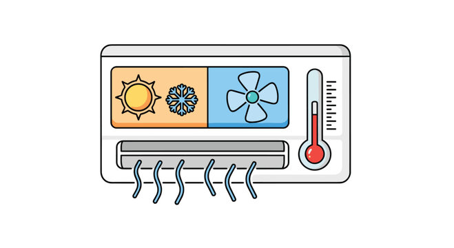 Infographic icon for a wall mounted air conditioning unit showing temperature controls and different cooling or heating modes.