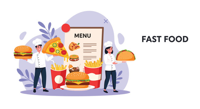 Skilled chefs in traditional uniforms present a variety of popular fast food dishes including pizza, burgers, tacos, and fries.