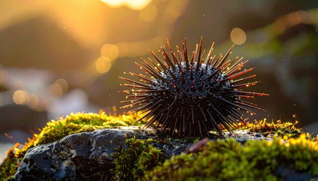 Spiky sea urchin with shimmering spines rests on mossy rocks at sunrise