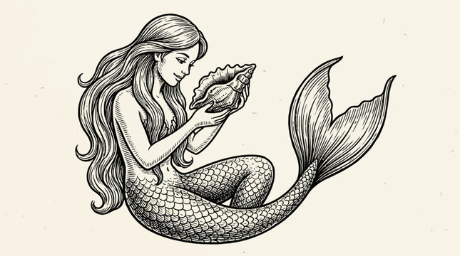Ancient mythical mermaid silhouette swimming underwater clutching decorative conch shell, vintage retro woodcut engraving style illustration, black graphic icon isolated on white background