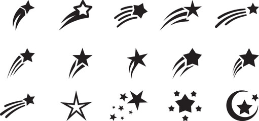 Fototapeta premium Collection of Shooting Star Icons in Black Silhouette Vector Style for Celestial Fantasy and Cosmic Design 