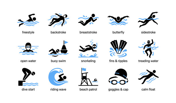 Collection of swimming strokes and aquatic safety icons on white