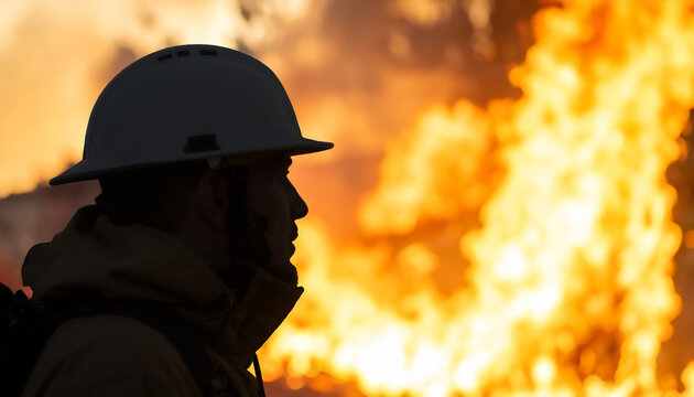 Silueta de bombero an&oacute;nimo frente un incendio para campa&ntilde;as sobre seguridad, emergencias, prevenci&oacute;n, y protecci&oacute;n contra el fuego y los incendios