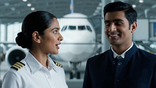 Pilot and copilot pose proudly in front of airplane hangar or Professional airline team stands confidently before commercial plane