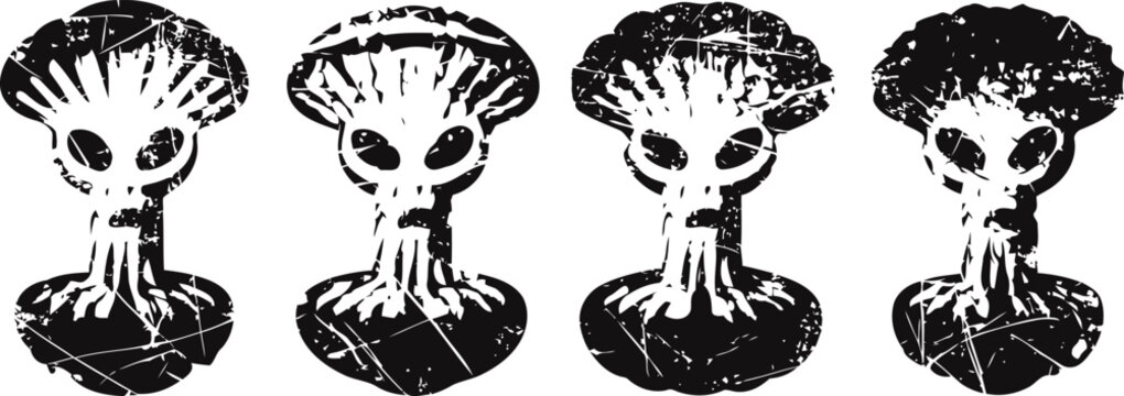 four stylized alien creatures with large heads and black eyes in a row, monochrome illustration