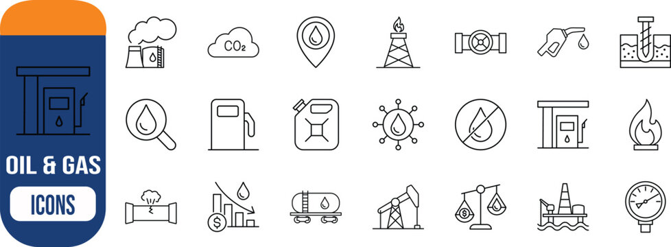 Oil and gas industry icons. fuel pump icon set, oil rig icon set, oil drop icon set