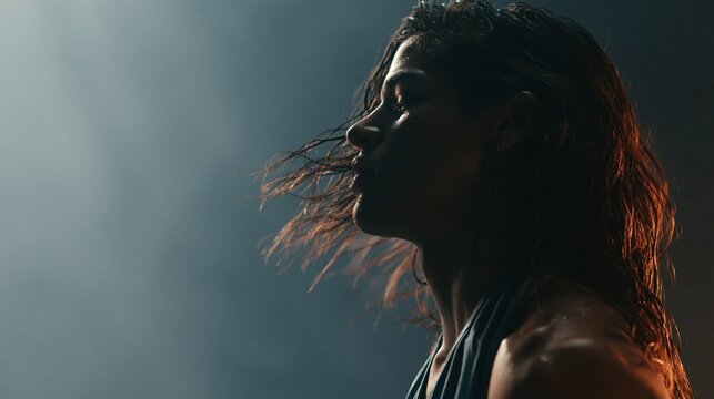 Medium shot of a nonbinary dancers wet hair flowing through the frame in slow motion accentuated by dramatic rim lighting against a dark misty studio backdrop