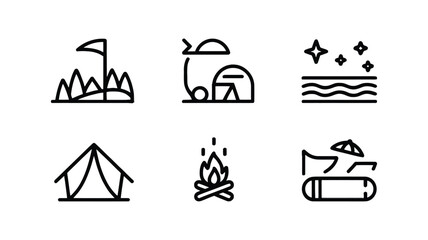 Obraz premium Camping and Outdoor Adventure Icons Vector Set Outline Style Mountain Tent Campfire Sleeping Bag Nature Design Elements
