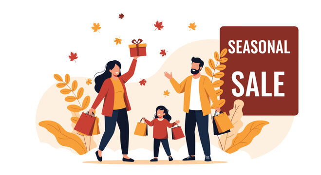 Happy family with shopping bags and gift box celebrate seasonal autumn sale against fall leaves background with warm colors.