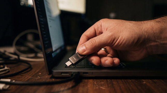 caucasian male hand inserting silver usb type-c flash drive into modern laptop port. data transfer, portable storage and backup concept. banner, website header with copyspace.