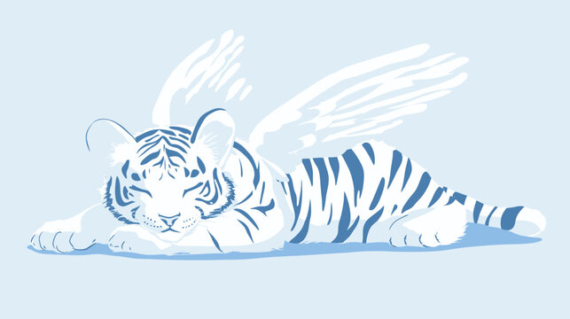 A serene white tiger with blue stripes rests on a pale blue ground, wings spread