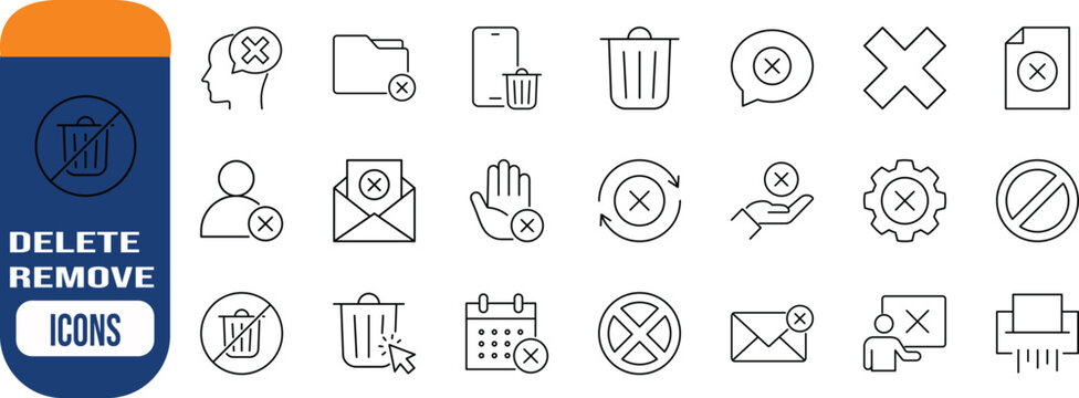 Delete error remove cross mark icons. trashcan icon set, folder icon set, mail icon set