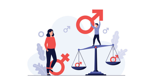 Small man balances gender symbols on large scales while woman watches, depicting important concepts of equality and social justice.