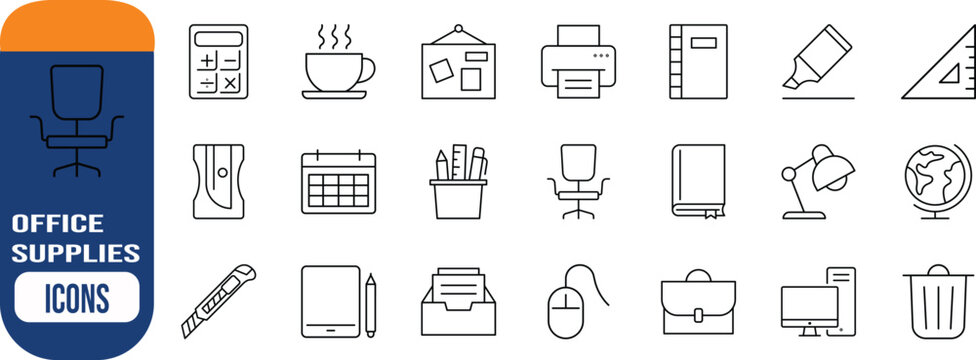 Office work business supplies outline icons. computer icon set, printer icon set, calendar icon set
