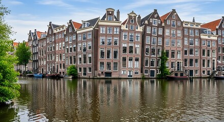 Obraz premium Tall, narrow canal houses with stepped gables reflect in calm water under a blue sky