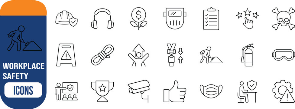 Workplace safety and security icons. hardhat icon set, extinguisher icon set, facemask icon set