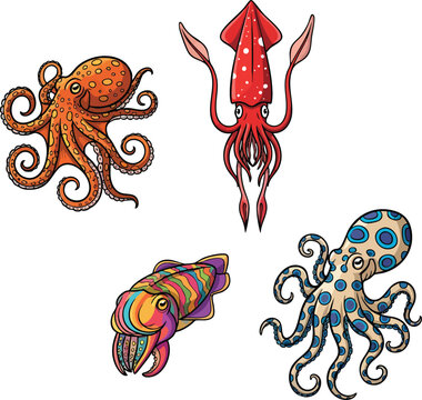 Vector Collection of Marine Cephalopods Octopus Squid and Cuttlefish
