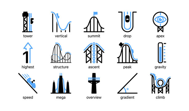 Ride icons showing coaster and tower elements on white background