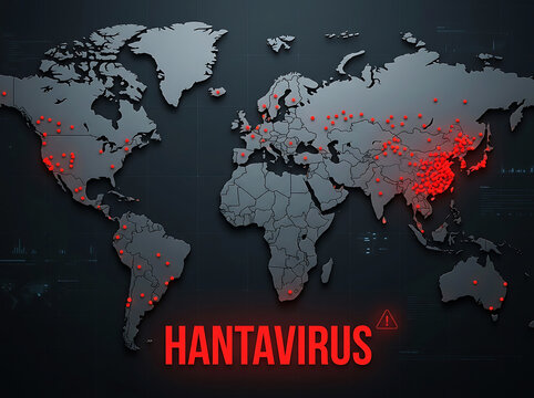 World map with red dots indicating Hantavirus outbreaks and warning text image