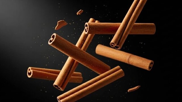 Cinnamon sticks floating in air video black background
