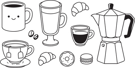 Obraz premium Coffee and Tea Time Doodles Collection Hand-Drawn Line Art Illustration