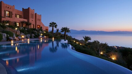 Fototapeta premium Serene Luxury Resort Infinity Pool at Dusk: A breathtaking infinity pool reflects the twilight sky at a luxurious resort nestled on a cliffside overlooking the calm sea.