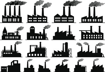 Obraz premium Industrial Factory Silhouette Icon Collection with Manufacturing Plants and Production Facility Buildings