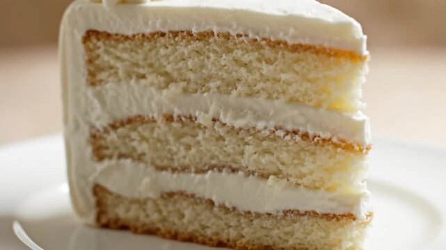 Slice of white vanilla layer cake with creamy frosting and piped swirls on top