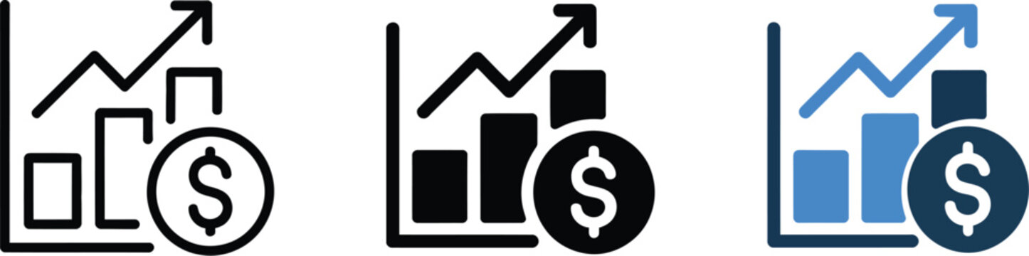 Financial growth icon set showing business bar graph profit charts with dollar coin and rising arrow in three different styles