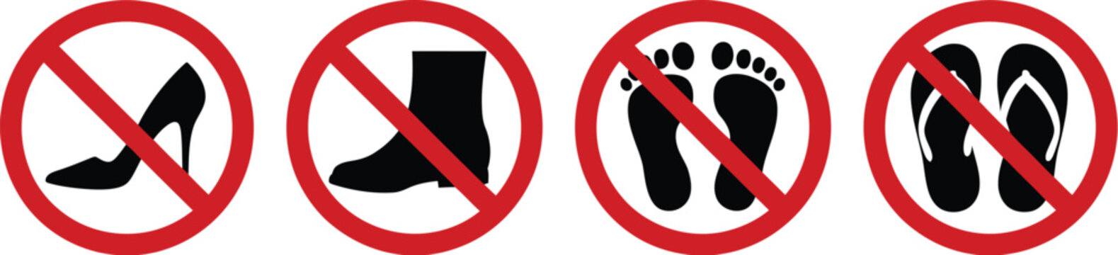 Prohibition sign set with red circles showing no high heels boots barefoot and flip flops allowed for safety warning rules