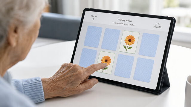 Senior Hand Using Tablet Memory Game for Brain Training and Cognitive Exercise