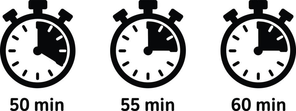 Stopwatch timer icon set showing countdown intervals for fifty fifty five and sixty minutes isolated on a white background