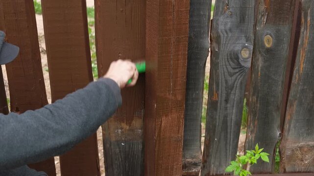 Brown oil for protection of wood by staining. Painting fence for protecting and pests. Woodworker applying finish to pine deck board. Repairman varnishing with brush wooden fencing wall plank surface.