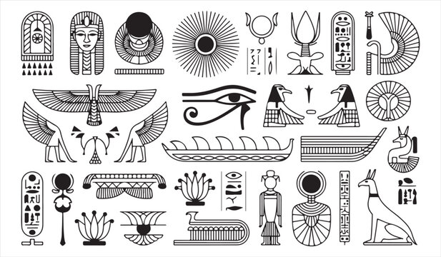 Egyptian Culture and Archaeology Icons Featuring Scarab Anubis and Pyramids