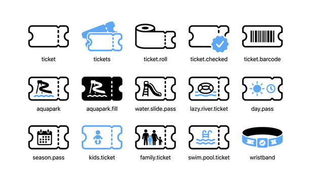 Ticket icons showing various pass types and waterpark motifs
