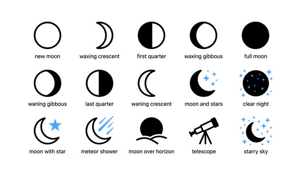 Moon phase icons showing labeled lunar phases on white background